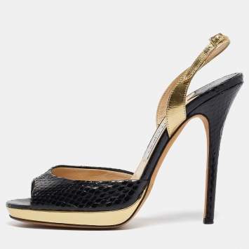 Pre Owned Jimmy Choo Black/Gold Python and Leather Platform Slingback Sandals Size 39