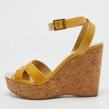 Pre Owned Jimmy Choo Yellow Patent Leather Cork Wedge Ankle Strap Sandals Size 39.5