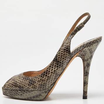 Pre Owned Jimmy Choo Grey Snakeskin Leather Peep Toe Pumps Size 38.5