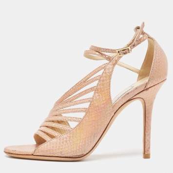 Pre Owned Jimmy Choo Gold Snakeskin Embossed Strappy Ankle Strap Sandals Size 36.5