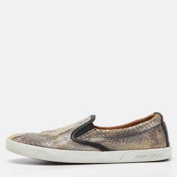 Pre Owned Jimmy Choo Brown/Black Snakeskin Embossed Brooklyn Slip On Sneakers Size 37
