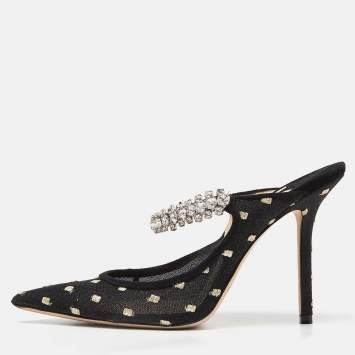 Pre Owned Jimmy Choo Black Mesh and Suede Bing Crystal Embellished Pointed Toe Mules Size 37