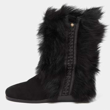 Pre Owned Jimmy Choo Black Fur and Suede Ankle Boots Size 37