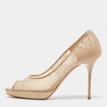 Pre Owned Jimmy Choo Beige Lace and Patent Leather Luna Peep Toe Pumps Size 39