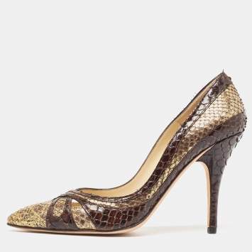 Pre Owned Jimmy Choo Brown/Gold Python Pointed Toe Pumps Size 37