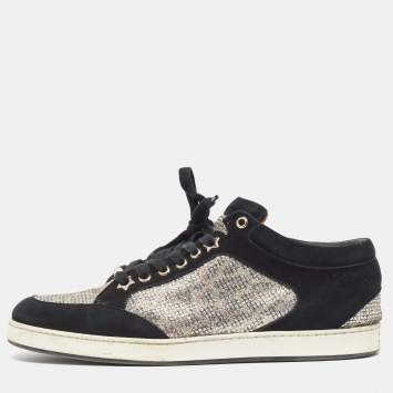 Pre Owned Jimmy Choo Sliver/Black  Suede and Glitter Miami Sneakers Size 39