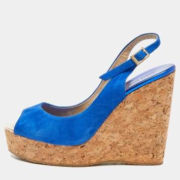 Pre Owned Jimmy Choo Blue Suede Cork Wedge Ankle Strap Sandals Size 40