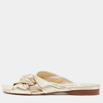 Pre Owned Jimmy Choo Gold Leather Narisa Slide Flats Size 39.5