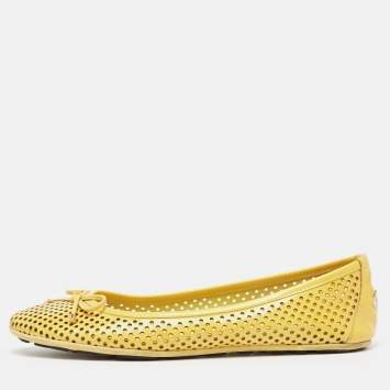 Pre Owned Jimmy Choo Yellow Perforated Patent Leather Walsh Bow Ballet Flats Size 37
