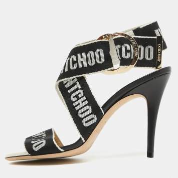 Pre Owned Jimmy Choo White/Black Web Bailey Logo Ankle Strap Sandals Size 37