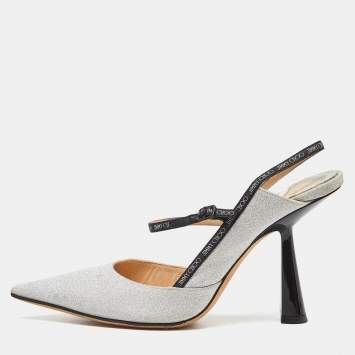 Pre Owned Jimmy Choo Silver Glitter Slingback Pumps Size 37.5