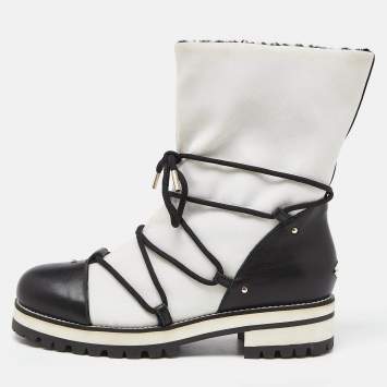 Pre Owned Jimmy Choo White/Black Canvas and Leather Ankle Boots Size 39 
