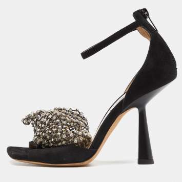 Pre Owned Jimmy Choo Black Suede Crystal Embellished Bow Ankle Strap Sandals Size 37