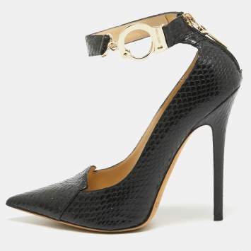 Pre Owned Jimmy Choo Black Python Ankle Cuff Pumps Size 38.5