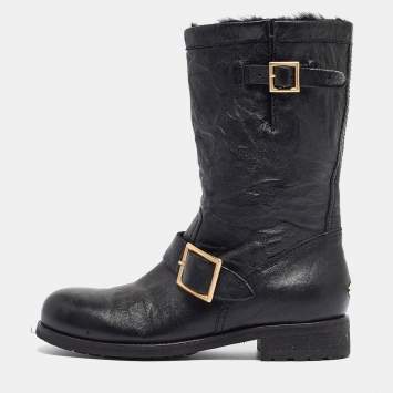 Pre Owned Jimmy Choo Black Leather Ankle Boots Size 37.5