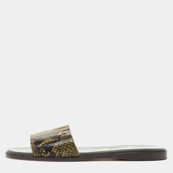Pre Owned Jimmy Choo Green Python Embossed Leather Nanda Flat Slides Size 37