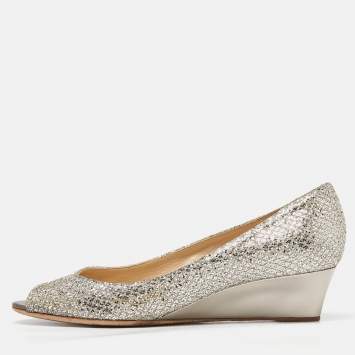 Pre Owned Jimmy Choo Silver Glitter Baxen Wedge Pumps Size 38