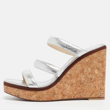 Pre Owned Jimmy Choo Silver Leather Athenia Wedge Sandals Size 39