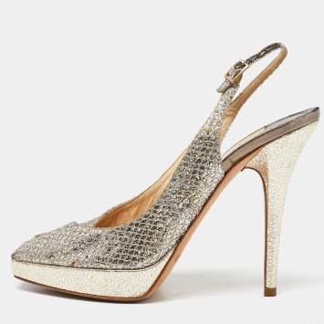 Pre Owned Jimmy Choo Gold Glitter and Lace Peep Toe Platform Ankle Strap Sandals Size 38