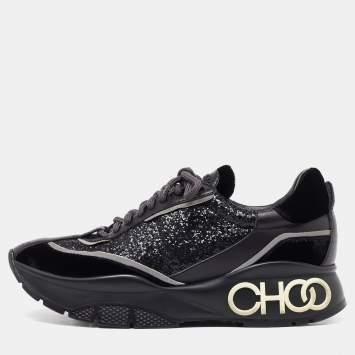 مملوكة مسبقًا Jimmy Choo Black Glitter and Velvet Raine Sneakers Size 40
