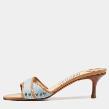 Pre Owned Jimmy Choo Navy Blue/Beige Leather Studded Open Toe Slide Sandals Size 37.5