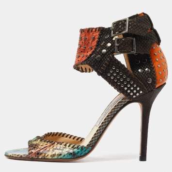 Pre Owned Jimmy Choo Multicolor Python Leather Studded Ankle Cuff Sandals Size 39