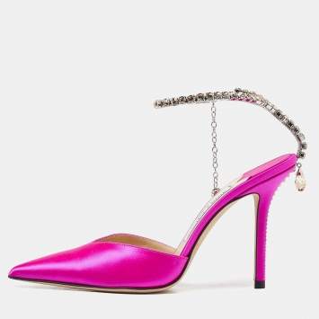 مملوكة مسبقًا Jimmy Choo Fuchsia Satin Saeda Crystals Ankle Strap Pumps Size 38.5