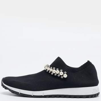 Pre Owned Jimmy Choo Black Knit Fabric Crystal Embellished Verona Sneakers Size 39