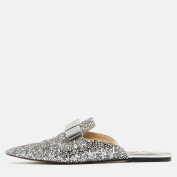 Pre Owned Jimmy Choo Silver Glitter Bow Mules Size 40 