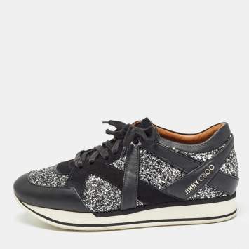 Pre Owned Jimmy Choo Black/Silver Coarse Glitter and Leather Low Top Sneakers Size 39