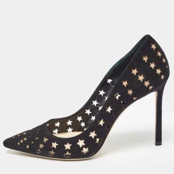 مملوكة مسبقًا Jimmy Choo Black Suede Star Laser Cut Romy Pumps Size 38.5