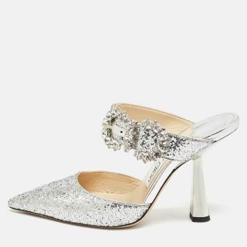 Pre Owned Jimmy Choo Silver Coarse Glitter Crystal Embellished Marta Mules Size 36