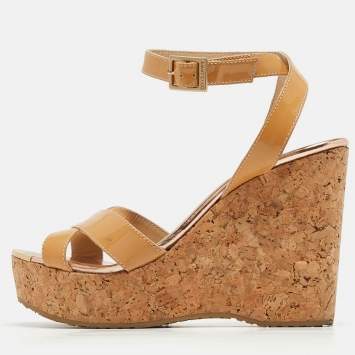 Pre Owned Jimmy Choo Beige Patent Leather Papyrus Cork Wedge Sandals Size 38.5