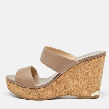 Pre Owned Jimmy Choo Beige Leather Parker Cork Wedge Sandals Size 39