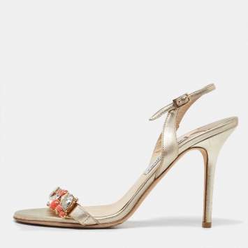 Pre Owned Jimmy Choo Gold Leather Crystal Embellished Ankle Strap Sandals Size 39.5