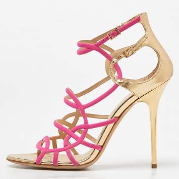 Pre Owned Jimmy Choo Pink/Gold Leather and Fabric Buckle Detail Cage Sandals Size 39