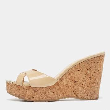 Pre Owned Jimmy Choo Beige Patent Leather Prima Cork Wedge Sandals Size 39
