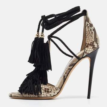 Pre Owned Jimmy Choo Brown/Beige Water Snake Mindy  Ankle Wrap Sandals Size 37