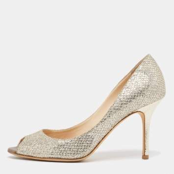 Pre Owned Jimmy Choo Silver/Gold Glitter Evelyn Peep Toe Pumps Size 38.5