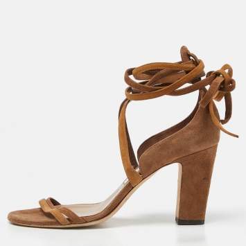 Pre Owned Jimmy Choo Brown Suede Block Heel Ankle Wrap Sandals Size 39