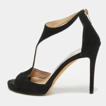 Pre Owned Jimmy Choo Black Suede Lana T Strap Sandals Size 36