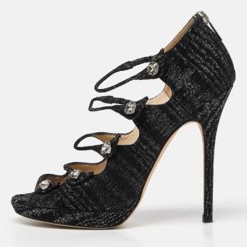 Pre Owned Jimmy Choo Black Lurex Fabric Platform Strap Sandals Size 37.5