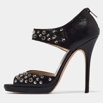 Pre Owned Jimmy Choo Black Nubuck Leather  Ankle Strap Sandals Size 40