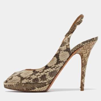 Pre Owned Jimmy Choo Brown/Beige Python Embossed Leather Slingback Peep Toe Pumps Size 39.5