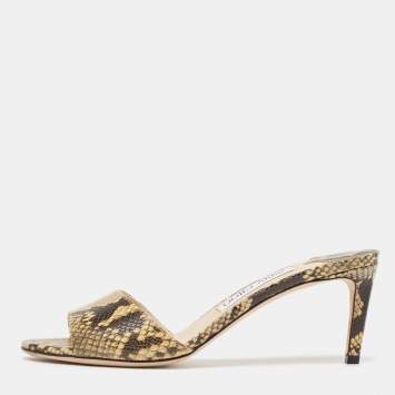 Pre Owned Jimmy Choo Beige/Brown Python Embossed Leather Open Toe Slide Sandals Size 38