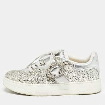 Pre Owned Jimmy Choo Silver Glitter and Leather Osaka Sneakers Size 38.5