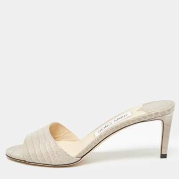 Pre Owned Jimmy Choo Grey Croc Embossed Leather Stacey Slide Sandals Size 38