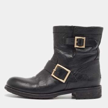 Pre Owned Jimmy Choo Black Leather Buckle Detail Ankle Boots Size 39