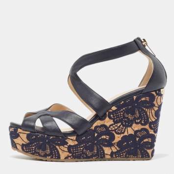 Pre Owned Jimmy Choo Navy Blue Leather Parrow Cork Lace Wedge Sandals Size 38