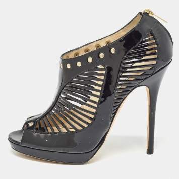 Pre Owned Jimmy Choo Black Patent Leather Caged Open Toe Pumps Size 38.5